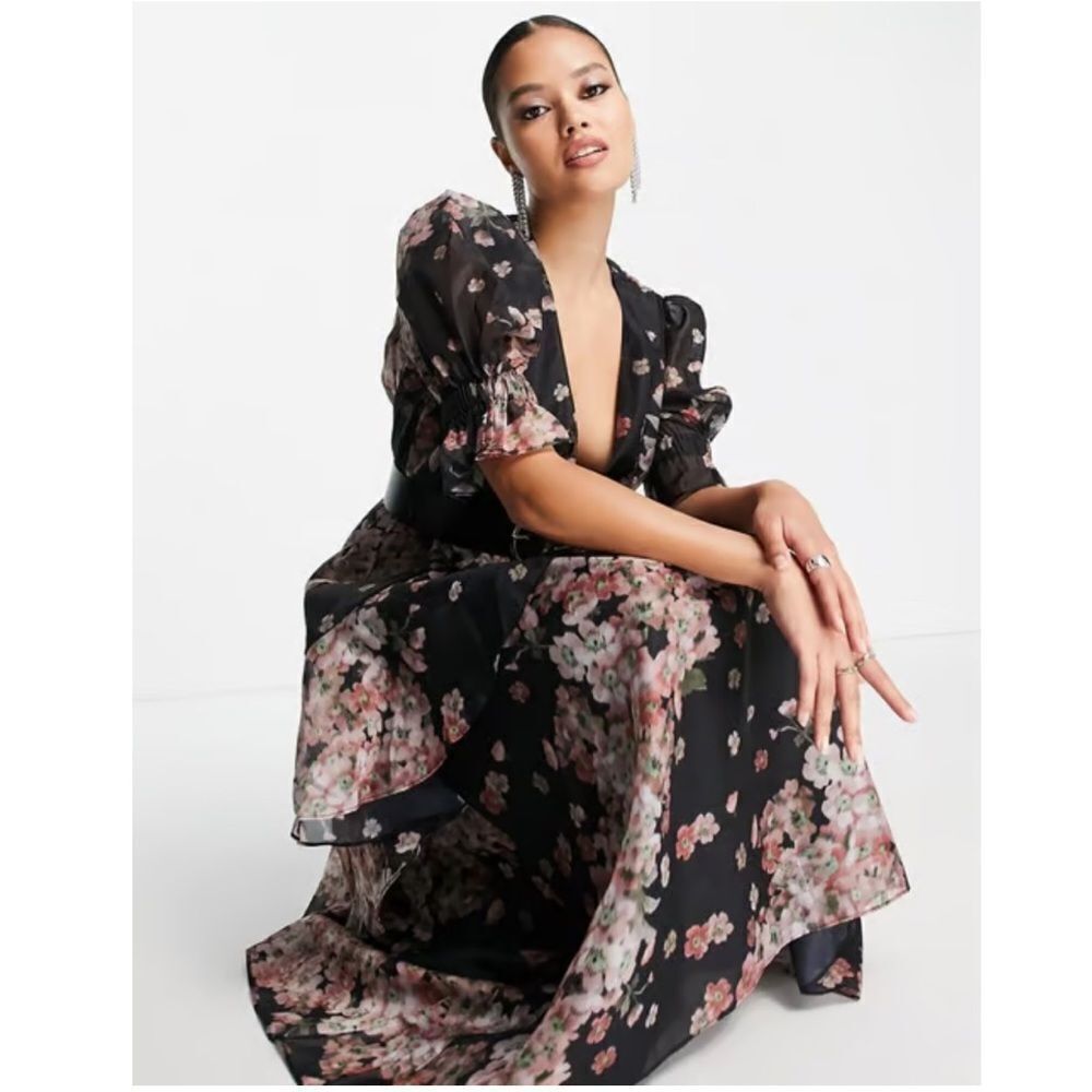 ASOS DESIGN dark sleeve voile midi tea dress with puff sleeves - Picture 7 of 7
